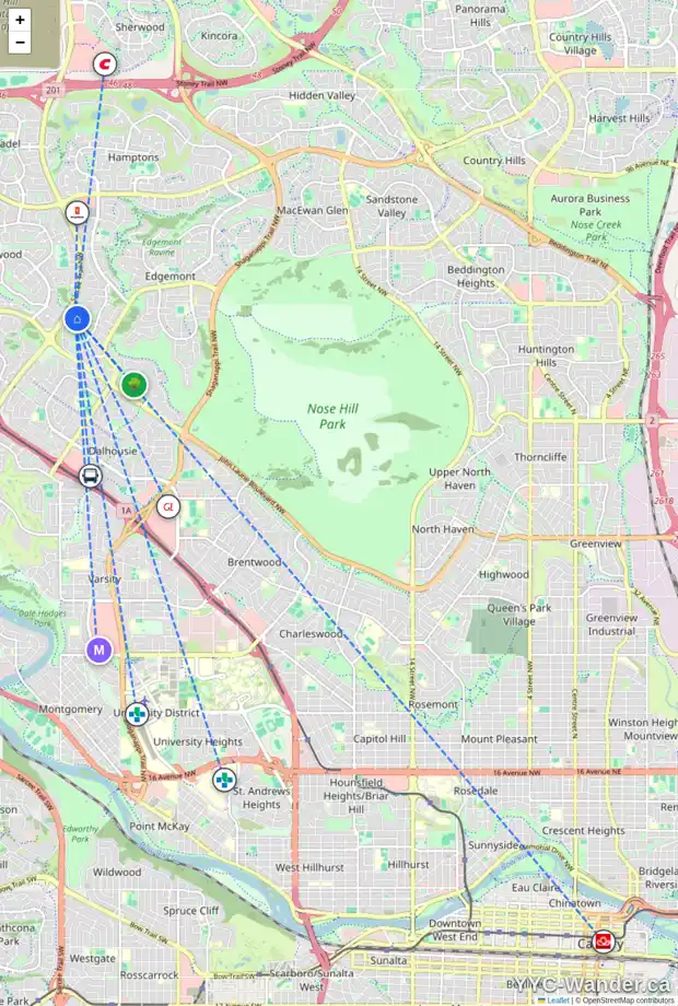 Daily accessibility map for 112 EDGEHILL CL NW, Calgary showing nearby schools, grocery stores, parks, LRT stations and nearby amenities