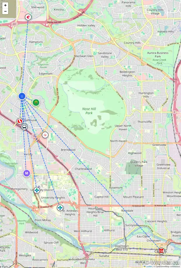 Daily accessibility map for 44 EDGEHILL DR NW, Calgary showing nearby schools, grocery stores, parks, LRT stations and nearby amenities