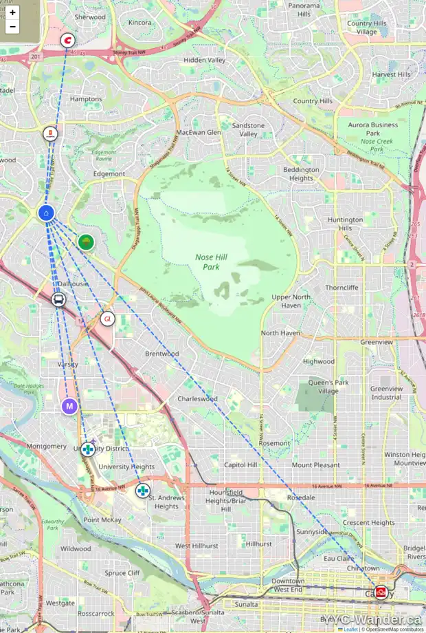 Daily accessibility map for 64 EDGEHILL RI NW, Calgary showing nearby schools, grocery stores, parks, LRT stations and nearby amenities