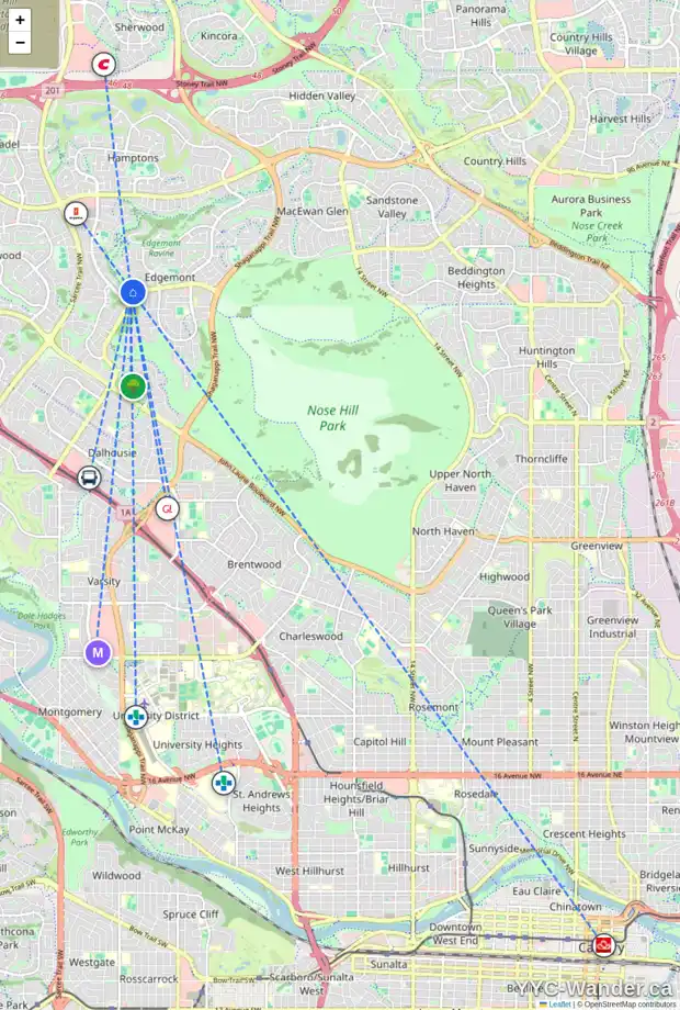 Daily accessibility map for 109 EDGEVIEW RD NW, Calgary showing nearby schools, grocery stores, parks, LRT stations and nearby amenities