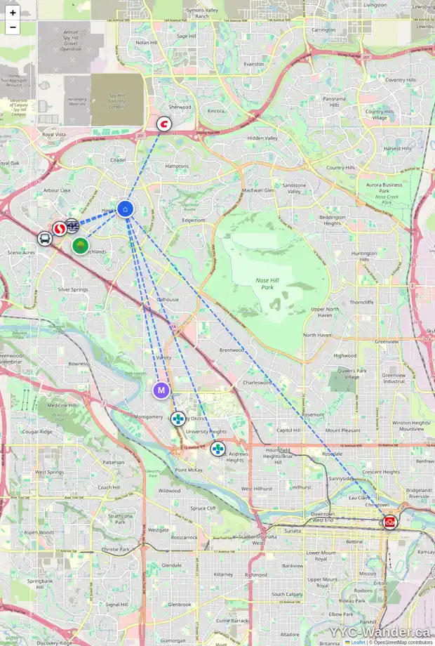 Daily accessibility map for 521 HAWKFORD WY NW, Calgary showing nearby schools, grocery stores, parks, LRT stations and nearby amenities