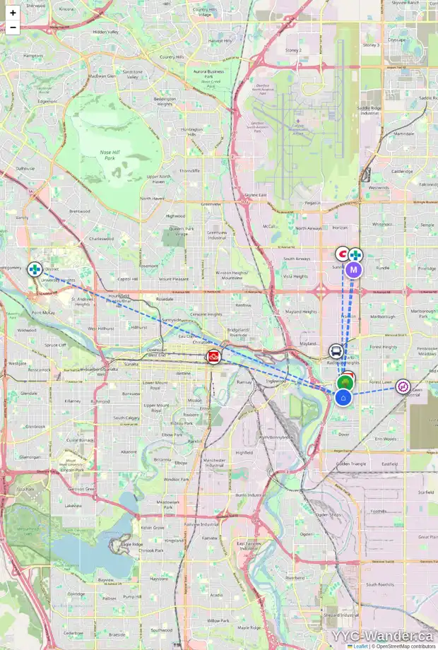 Daily accessibility map for 2050 COTTONWOOD CR SE, Calgary showing nearby schools, grocery stores, parks, LRT stations and nearby amenities