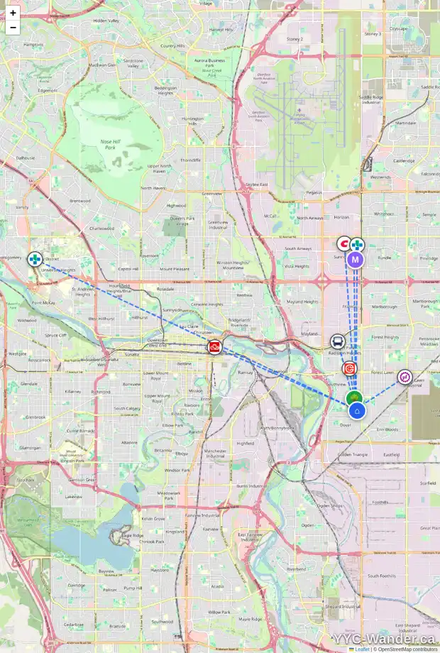 Daily accessibility map for 3416 31A AV SE, Calgary showing nearby schools, grocery stores, parks, LRT stations and nearby amenities