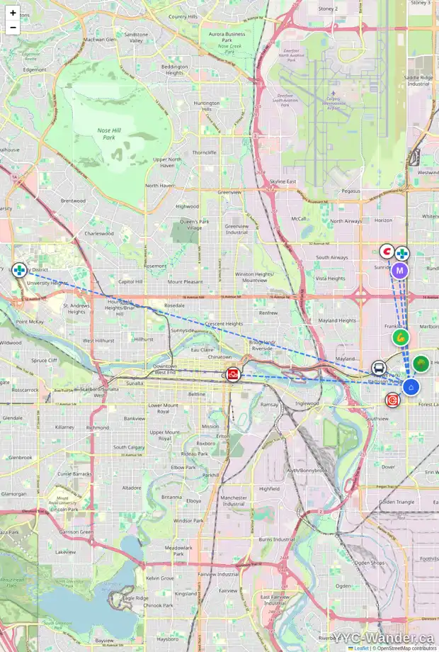 Daily accessibility map for 1133 37 ST SE, Calgary showing nearby schools, grocery stores, parks, LRT stations and nearby amenities