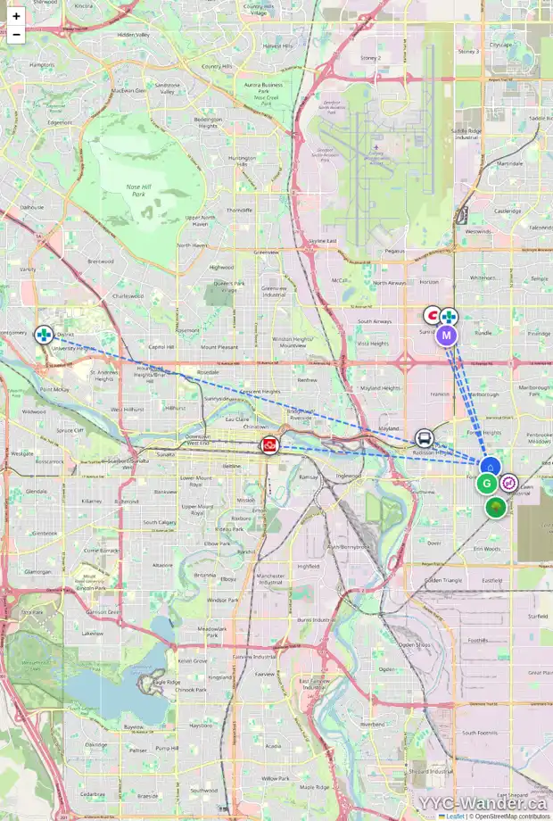 Daily accessibility map for 1501 46 ST SE, Calgary showing nearby schools, grocery stores, parks, LRT stations and nearby amenities