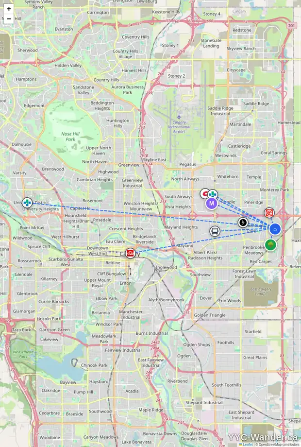 Daily accessibility map for 85 ABERGALE CL NE, Calgary showing nearby schools, grocery stores, parks, LRT stations and nearby amenities