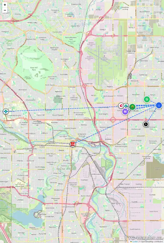 Daily accessibility map for 728 PINECLIFF RD NE, Calgary showing nearby schools, grocery stores, parks, LRT stations and nearby amenities
