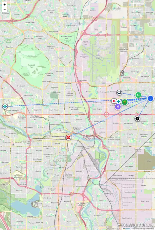 Daily accessibility map for 340 TEMPLETON CI NE, Calgary showing nearby schools, grocery stores, parks, LRT stations and nearby amenities