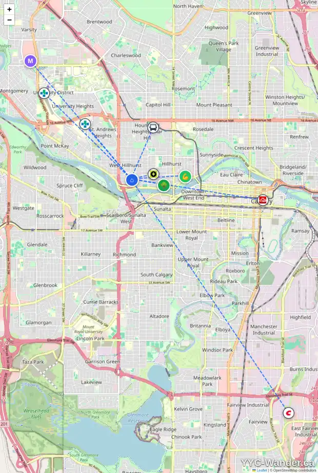 Daily accessibility map for 2240 BOWNESS RD NW, Calgary showing nearby schools, grocery stores, parks, LRT stations and nearby amenities