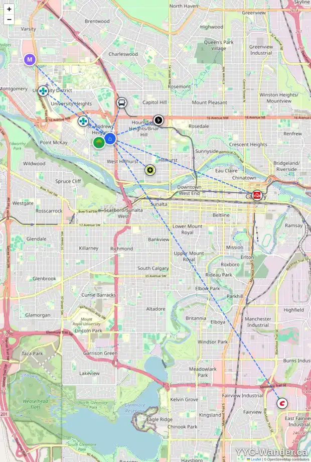 Daily accessibility map for 2521 12 AV NW, Calgary showing nearby schools, grocery stores, parks, LRT stations and nearby amenities