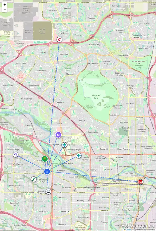 Daily accessibility map for 59 COACH GATE WY SW, Calgary showing nearby schools, grocery stores, parks, LRT stations and nearby amenities