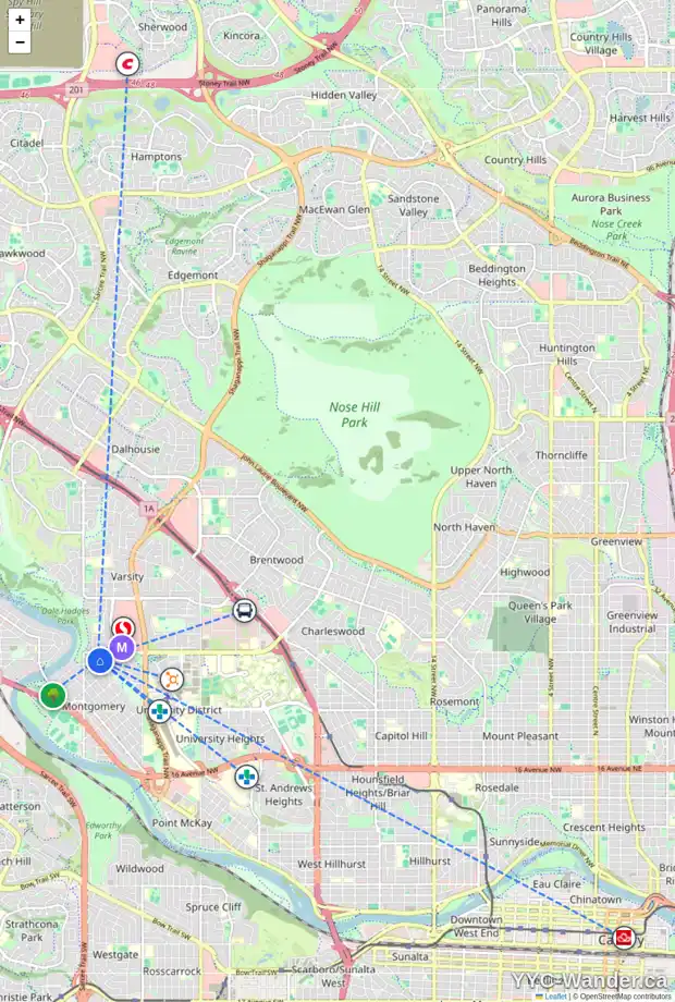 Daily accessibility map for 5232 23 AV NW, Calgary showing nearby schools, grocery stores, parks, LRT stations and nearby amenities