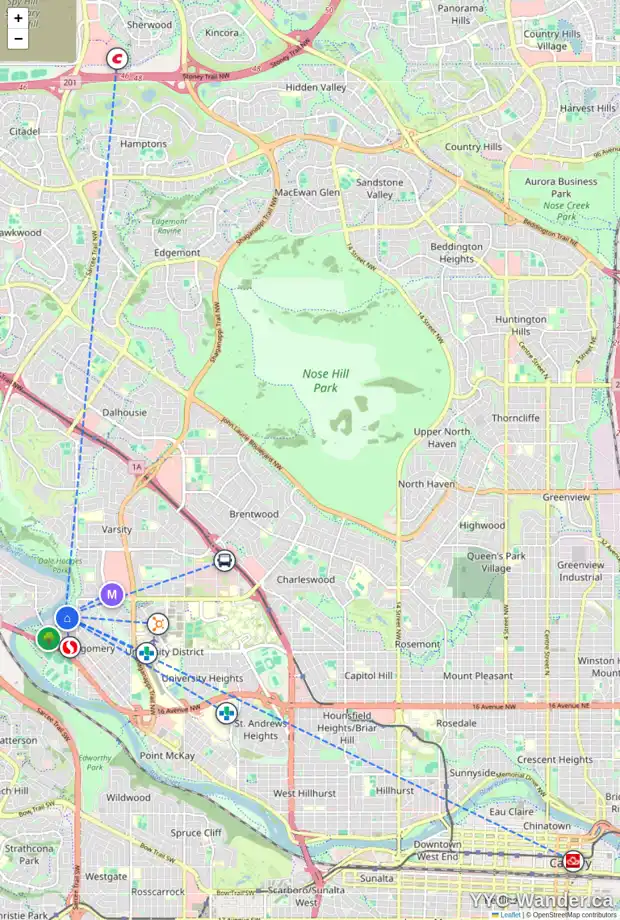 Daily accessibility map for 5264 19 AV NW, Calgary showing nearby schools, grocery stores, parks, LRT stations and nearby amenities