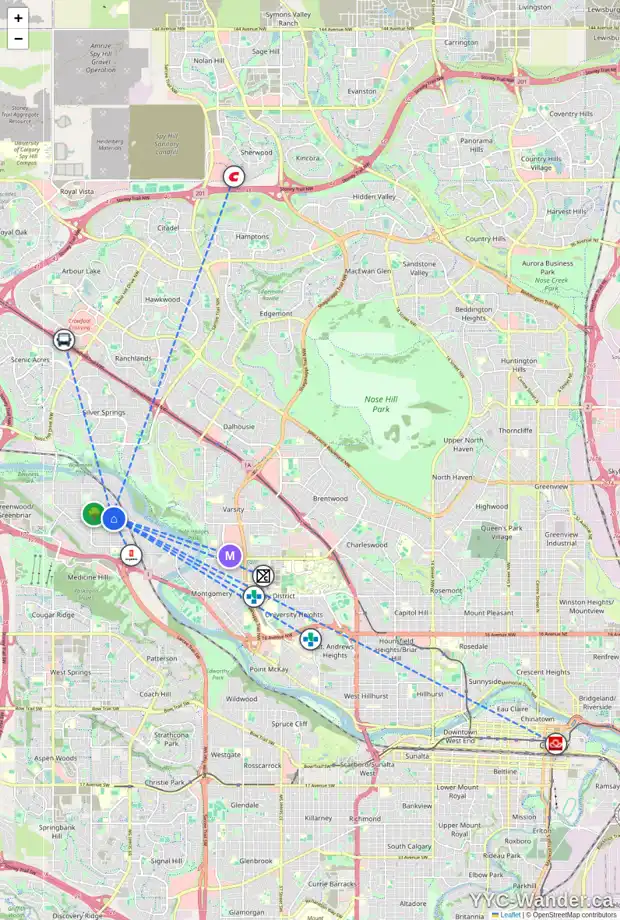 Daily accessibility map for 4303 72 ST NW, Calgary showing nearby schools, grocery stores, parks, LRT stations and nearby amenities