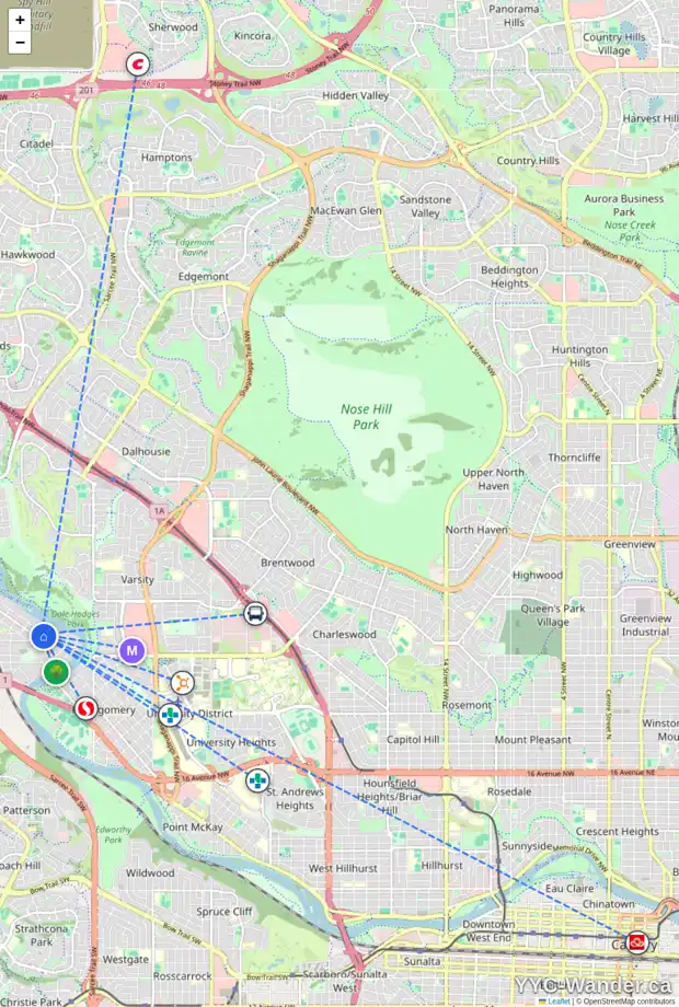 Daily accessibility map for 6123 BOW CR NW, Calgary showing nearby schools, grocery stores, parks, LRT stations and nearby amenities