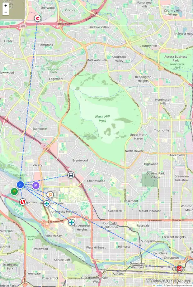 Daily accessibility map for 5928 BOW CR NW, Calgary showing nearby schools, grocery stores, parks, LRT stations and nearby amenities