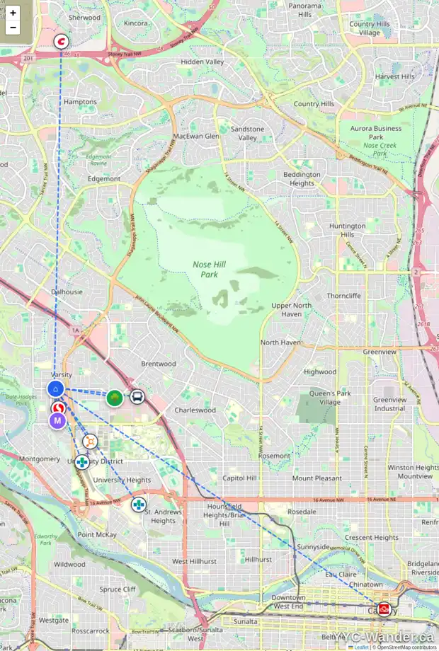 Daily accessibility map for 4932 40 AV NW, Calgary showing nearby schools, grocery stores, parks, LRT stations and nearby amenities