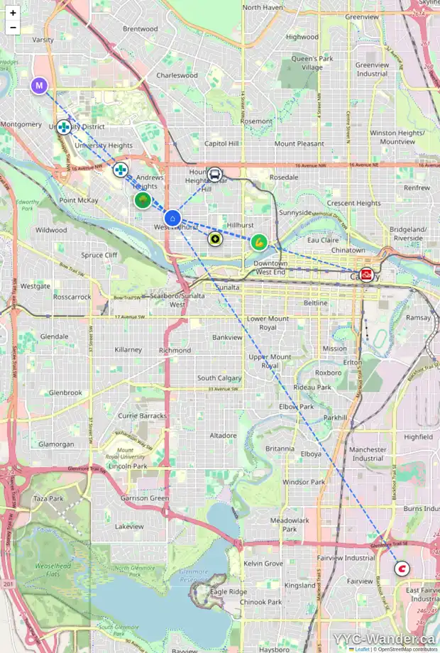 Daily accessibility map for 2419 5 AV NW, Calgary showing nearby schools, grocery stores, parks, LRT stations and nearby amenities