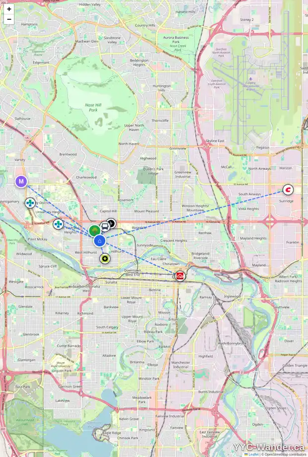Daily accessibility map for 2024 8 AV NW, Calgary showing nearby schools, grocery stores, parks, LRT stations and nearby amenities