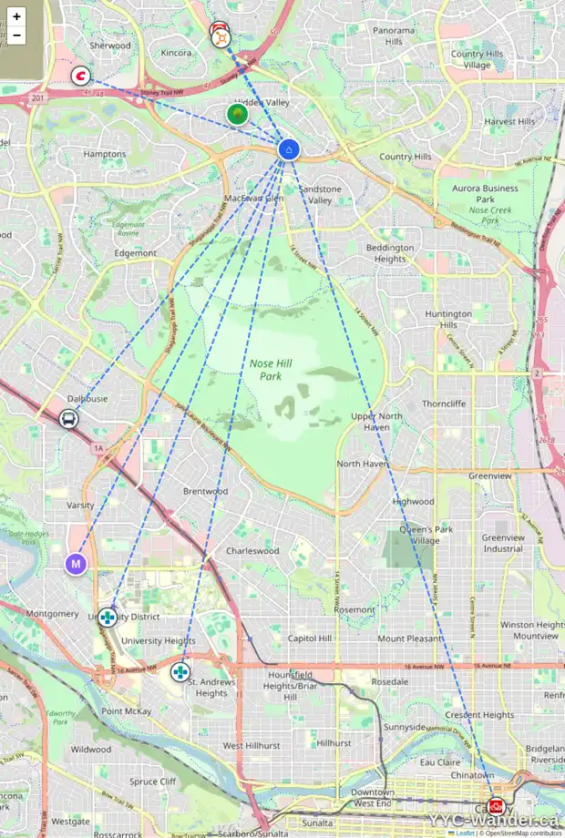 Daily accessibility map for 80 HIDDEN VALE CL NW, Calgary showing nearby schools, grocery stores, parks, LRT stations and nearby amenities