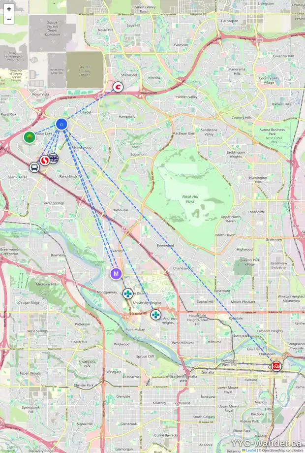 Daily accessibility map for 8 ARBOUR RIDGE PL NW, Calgary showing nearby schools, grocery stores, parks, LRT stations and nearby amenities