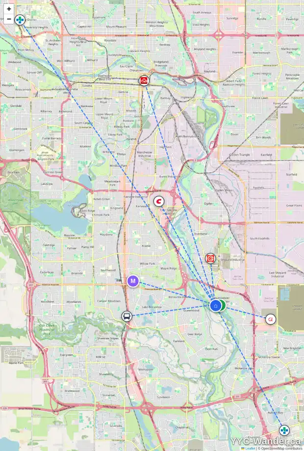 Daily accessibility map for 108 DOUGLAS SHORE CL SE, Calgary showing nearby schools, grocery stores, parks, LRT stations and nearby amenities