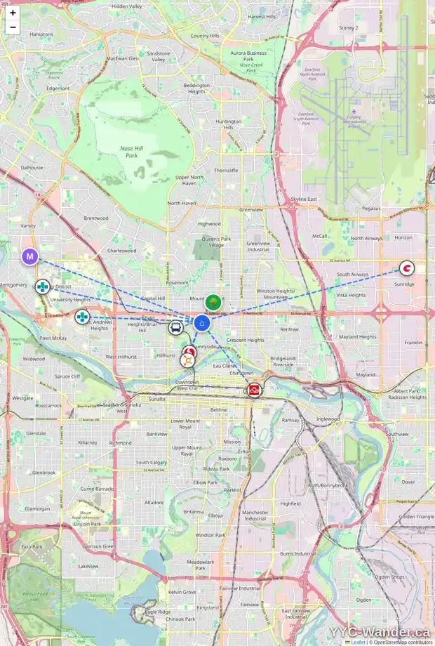 Daily accessibility map for 1423 7A ST NW, Calgary showing nearby schools, grocery stores, parks, LRT stations and nearby amenities
