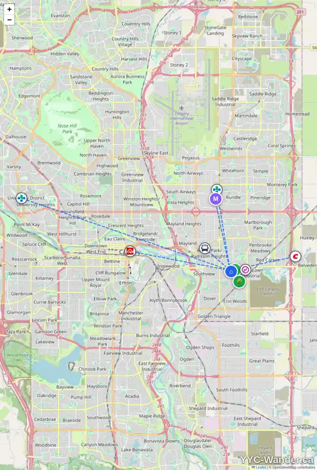 Daily accessibility map for 2014 42 ST SE, Calgary showing nearby schools, grocery stores, parks, LRT stations and nearby amenities