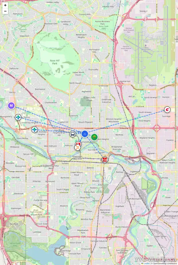 Daily accessibility map for 1335 7 ST NW, Calgary showing nearby schools, grocery stores, parks, LRT stations and nearby amenities