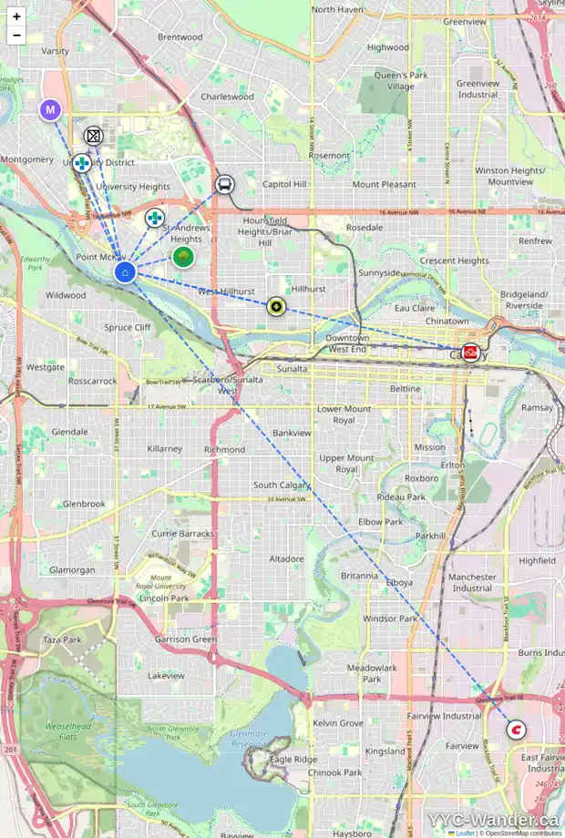 Daily accessibility map for 132 35 ST NW, Calgary showing nearby schools, grocery stores, parks, LRT stations and nearby amenities