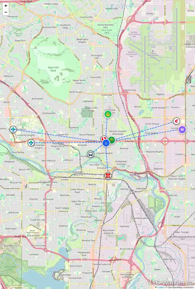 Daily accessibility map for 206 15 AV NE, Calgary showing nearby schools, grocery stores, parks, LRT stations and nearby amenities