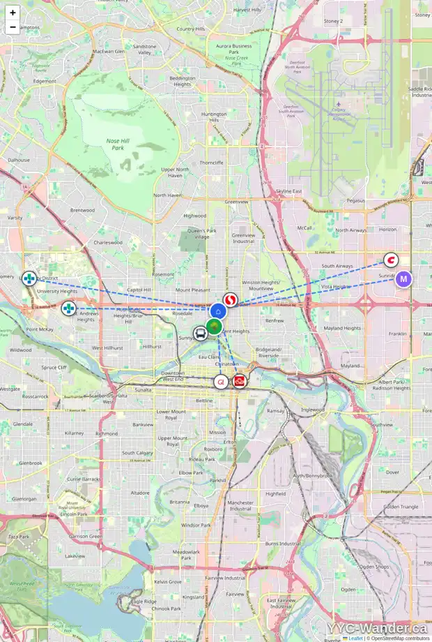 Daily accessibility map for 235 15 AV NW, Calgary showing nearby schools, grocery stores, parks, LRT stations and nearby amenities