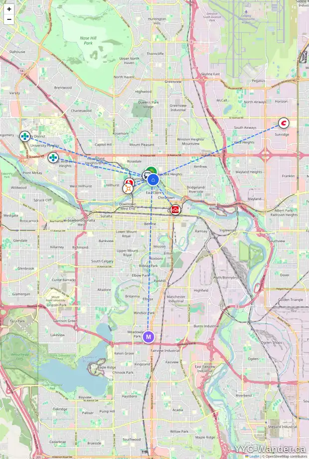 Daily accessibility map for 440 MEMORIAL DR NW, Calgary showing nearby schools, grocery stores, parks, LRT stations and nearby amenities
