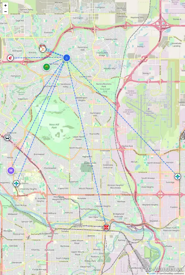 Daily accessibility map for 121 HIDDEN CREEK PA NW, Calgary showing nearby schools, grocery stores, parks, LRT stations and nearby amenities