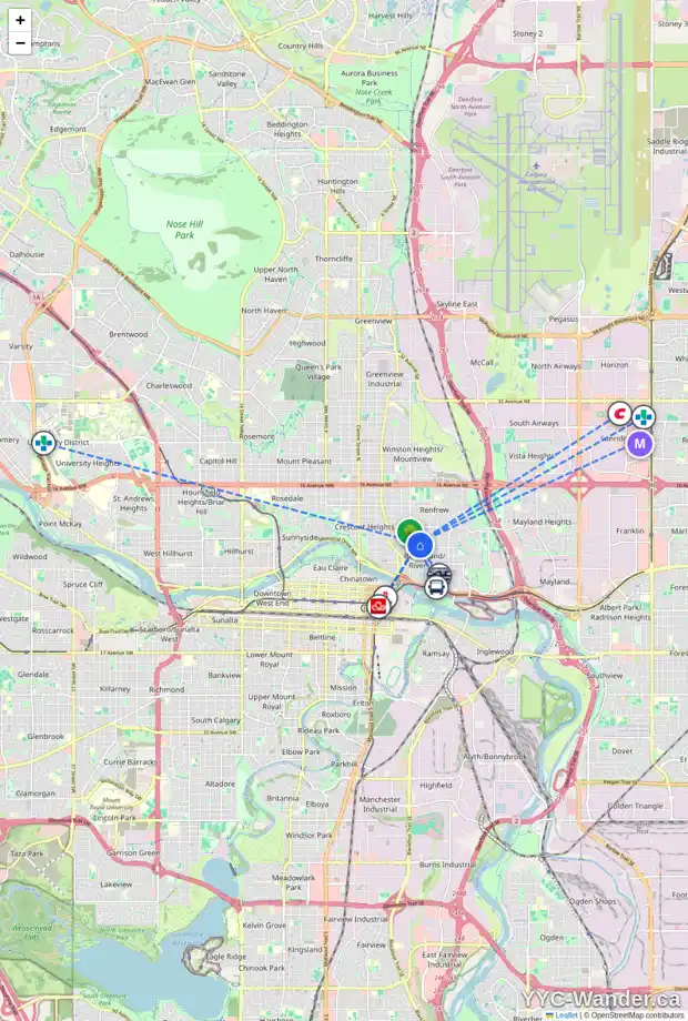 Daily accessibility map for 519 7 ST NE, Calgary showing nearby schools, grocery stores, parks, LRT stations and nearby amenities