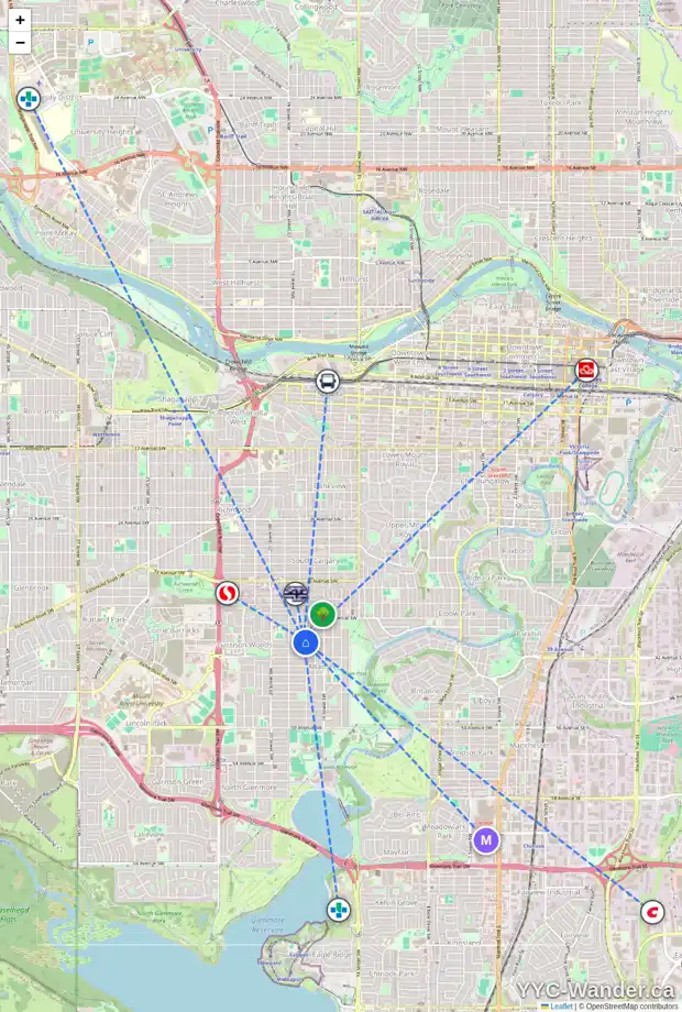 Daily accessibility map for 4109 17 ST SW, Calgary showing nearby schools, grocery stores, parks, LRT stations and nearby amenities