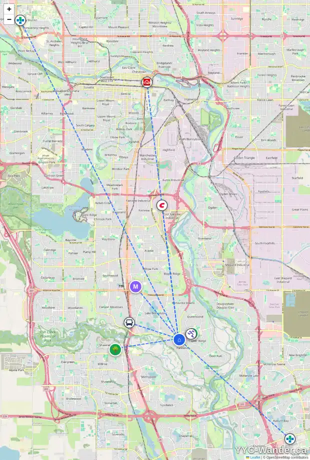 Daily accessibility map for 14024 PARKLAND BV SE, Calgary showing nearby schools, grocery stores, parks, LRT stations and nearby amenities