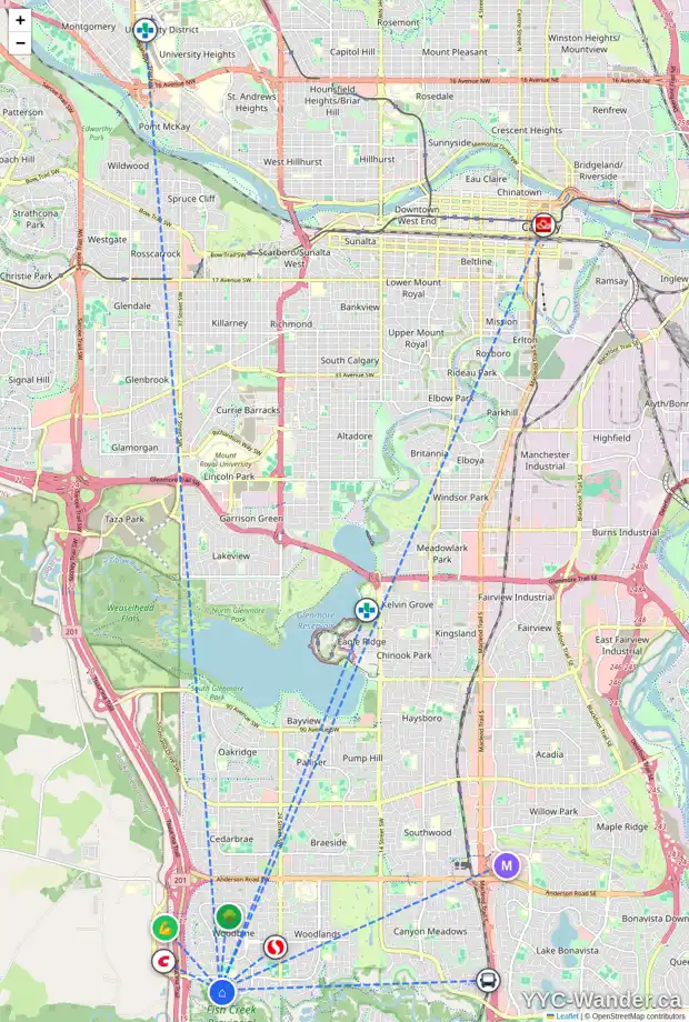 Daily accessibility map for 99 WOODFIELD RD SW, Calgary showing nearby schools, grocery stores, parks, LRT stations and nearby amenities