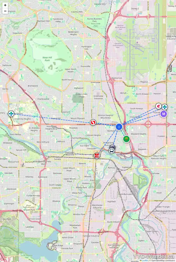 Daily accessibility map for 1468 RENFREW DR NE, Calgary showing nearby schools, grocery stores, parks, LRT stations and nearby amenities