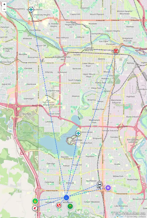 Daily accessibility map for 238 WOODPARK CO SW, Calgary showing nearby schools, grocery stores, parks, LRT stations and nearby amenities