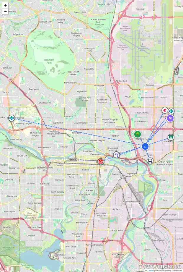 Daily accessibility map for 511 19 ST NE, Calgary showing nearby schools, grocery stores, parks, LRT stations and nearby amenities