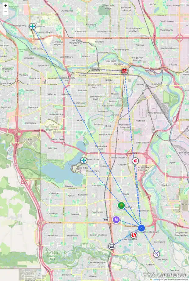 Daily accessibility map for 79 LAKE WAPTA RI SE, Calgary showing nearby schools, grocery stores, parks, LRT stations and nearby amenities