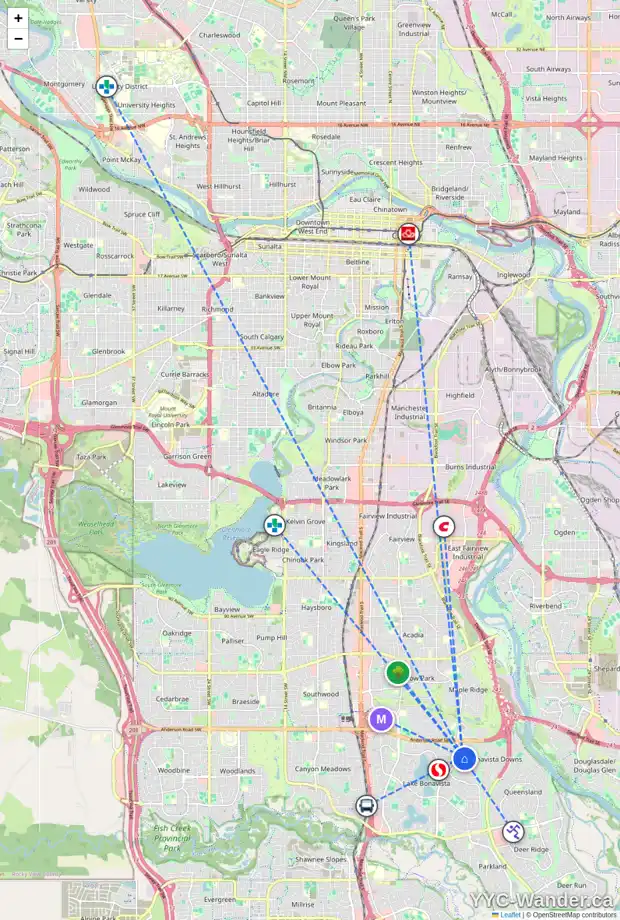 Daily accessibility map for 1028 120 AV SE, Calgary showing nearby schools, grocery stores, parks, LRT stations and nearby amenities
