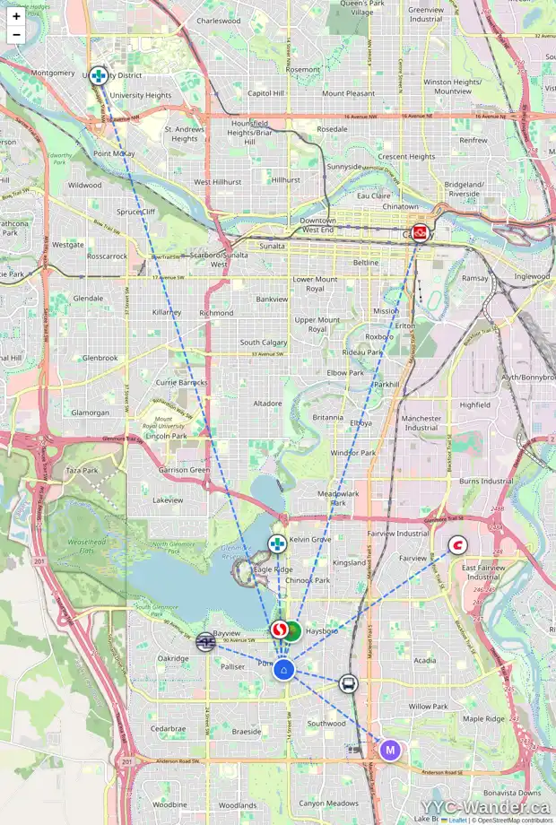 Daily accessibility map for 1510 96 AV SW, Calgary showing nearby schools, grocery stores, parks, LRT stations and nearby amenities