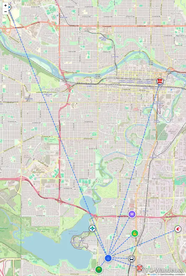 Daily accessibility map for 19 HAVERHILL RD SW, Calgary showing nearby schools, grocery stores, parks, LRT stations and nearby amenities