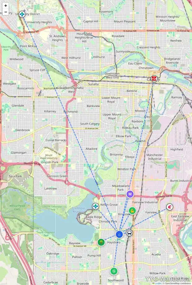 Daily accessibility map for 8608 7 ST SW, Calgary showing nearby schools, grocery stores, parks, LRT stations and nearby amenities