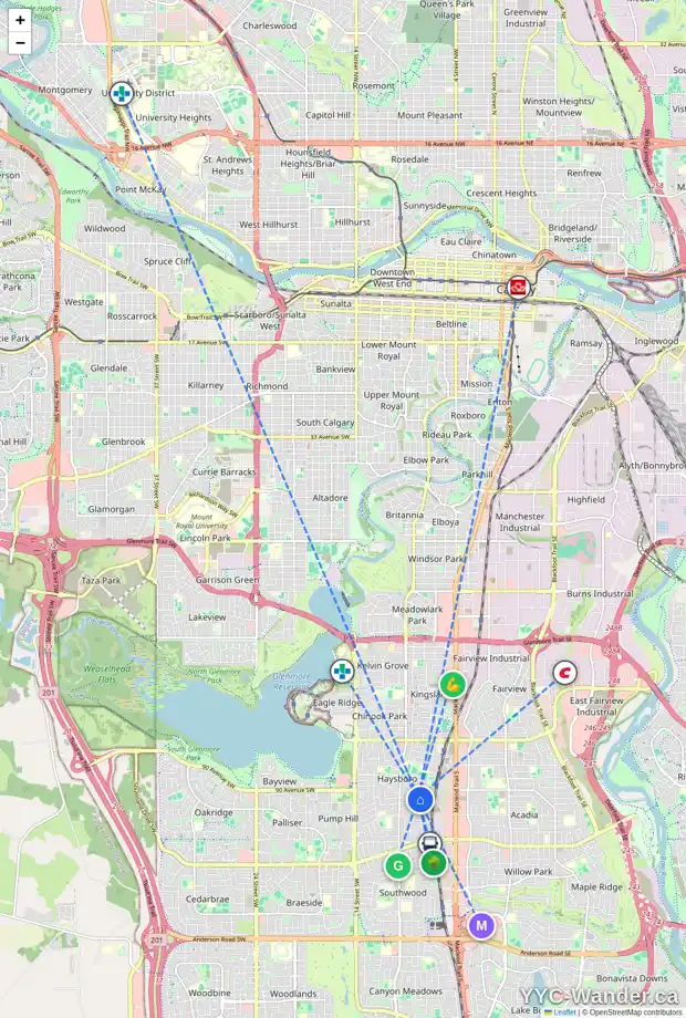 Daily accessibility map for 60 HARROW CR SW, Calgary showing nearby schools, grocery stores, parks, LRT stations and nearby amenities
