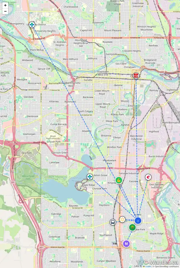 Daily accessibility map for 450 ASTORIA CR SE, Calgary showing nearby schools, grocery stores, parks, LRT stations and nearby amenities