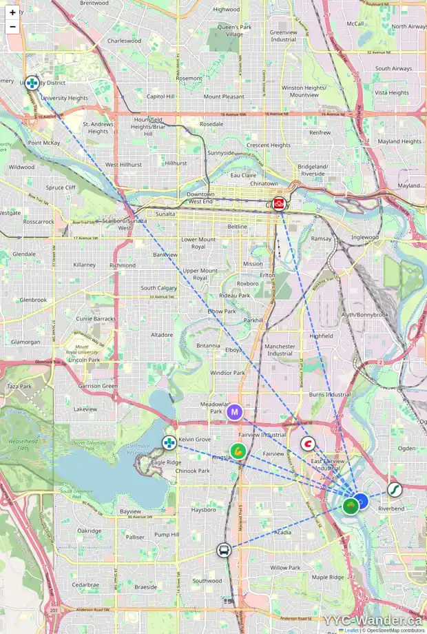 Daily accessibility map for 216 RIVERSIDE BA SE, Calgary showing nearby schools, grocery stores, parks, LRT stations and nearby amenities