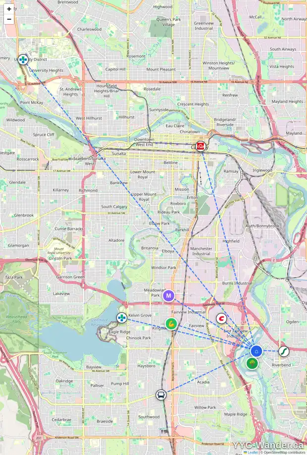 Daily accessibility map for 232 RIVERSIDE ME SE, Calgary showing nearby schools, grocery stores, parks, LRT stations and nearby amenities